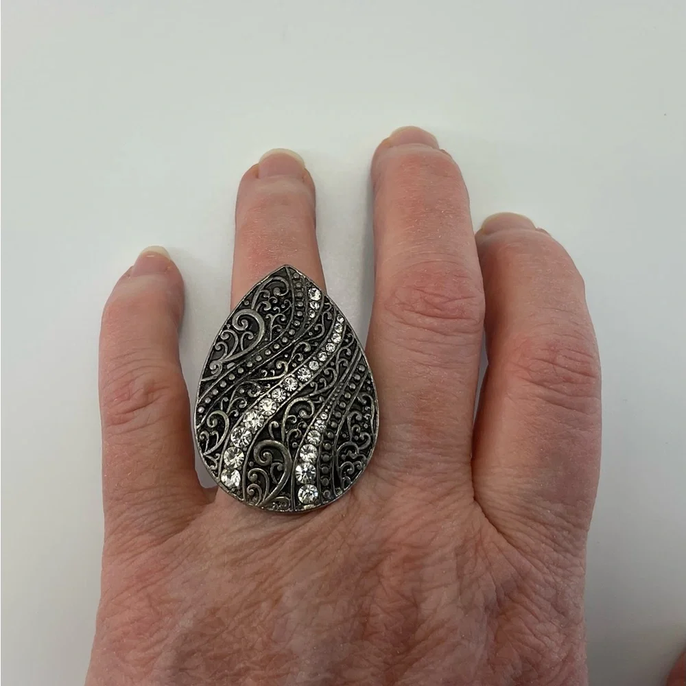 Vintage Gothic Ring Clear Crystals & Mystical Swirls Stretch Ring, Celtic Nordic